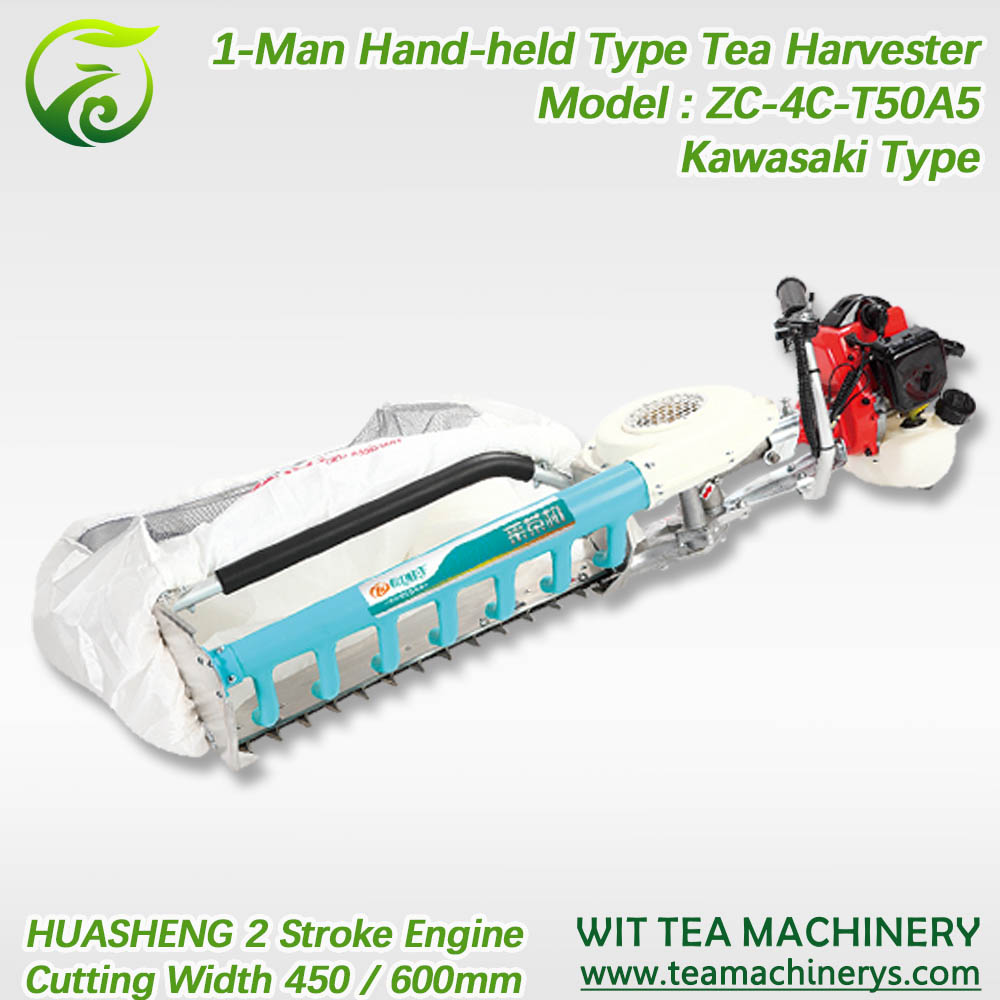 ZC-4C-T50A5 tea cutting machine is handheld type, with HUASHENG 2 stroke engine, power 0.7kw,  total weight about 9.2kg, cutting width 450mm, 500mm and 600mm.